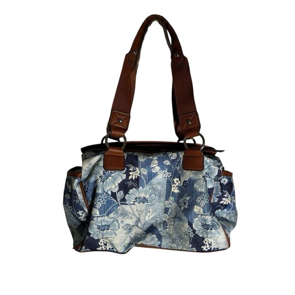 Lily Bloom Blue and White Floral Print. Brown Straps And Trim. Silver Hardware - Picture 4 of 10
